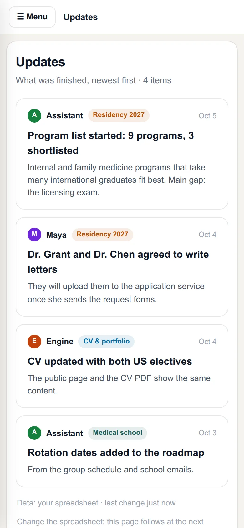 The dashboard on a phone: the updates feed