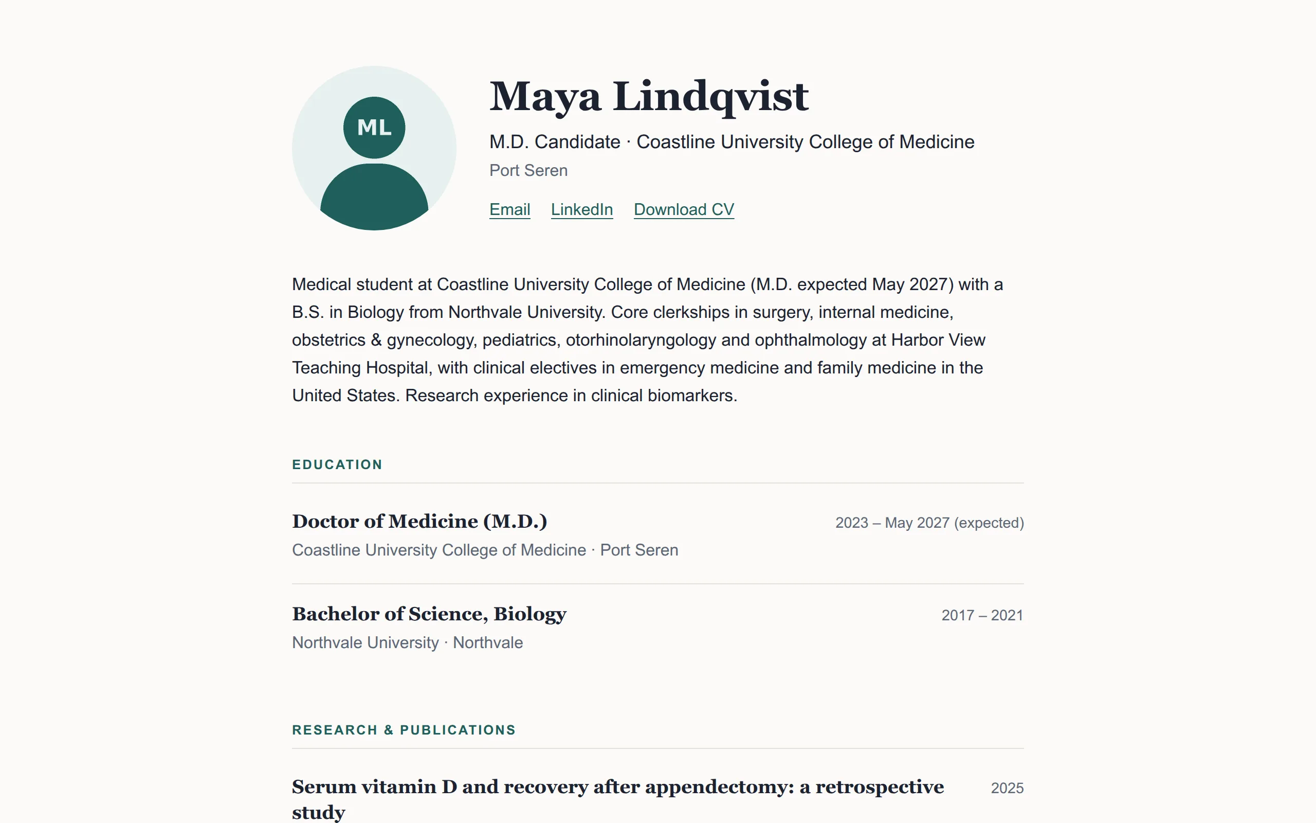 Maya's public one-page site