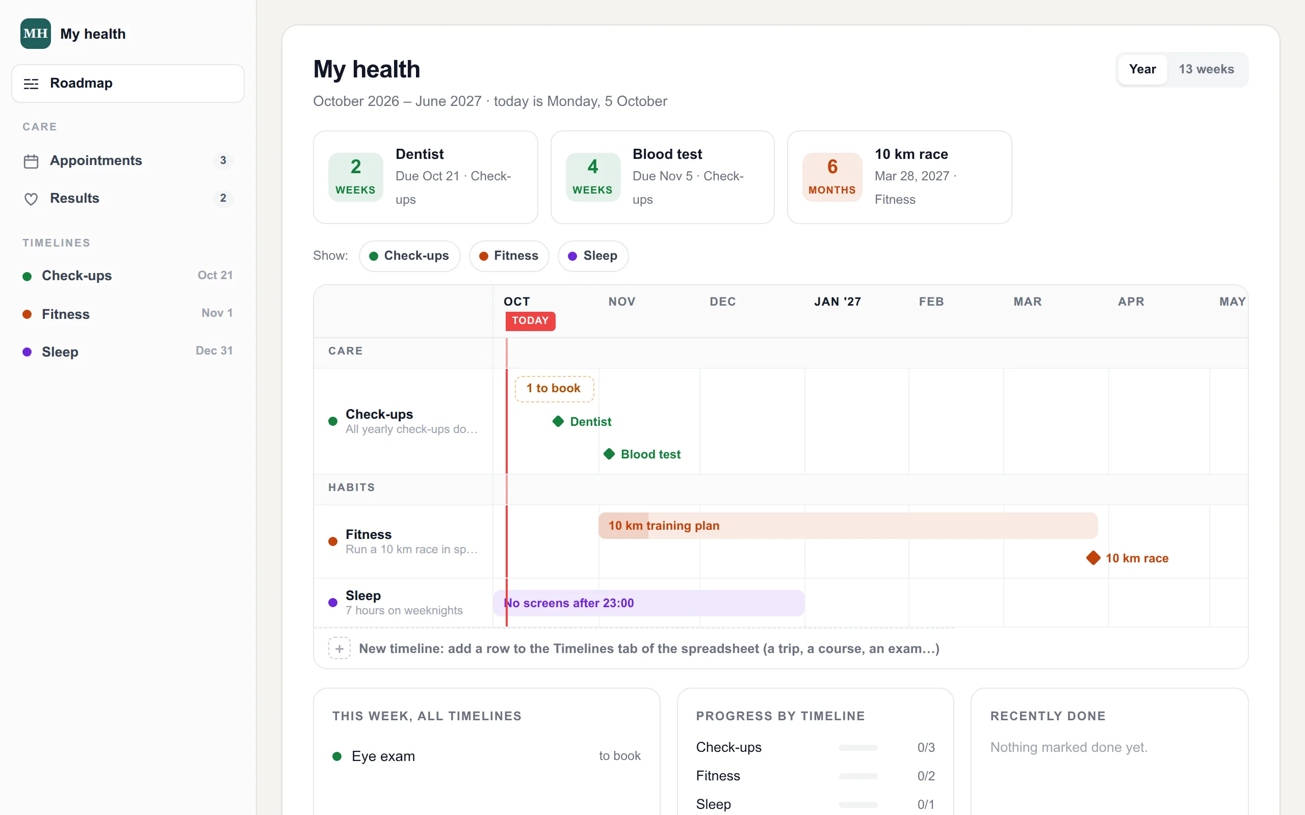 A health dashboard: check-ups, fitness, sleep